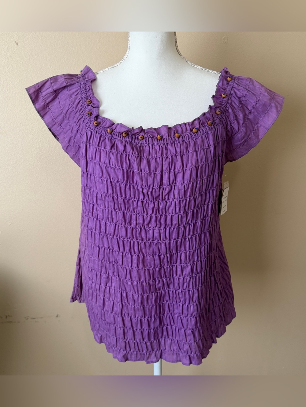 Emma Tricot Purple Smocked Beaded Blouse Top Women’s Size XL 100% Cotton